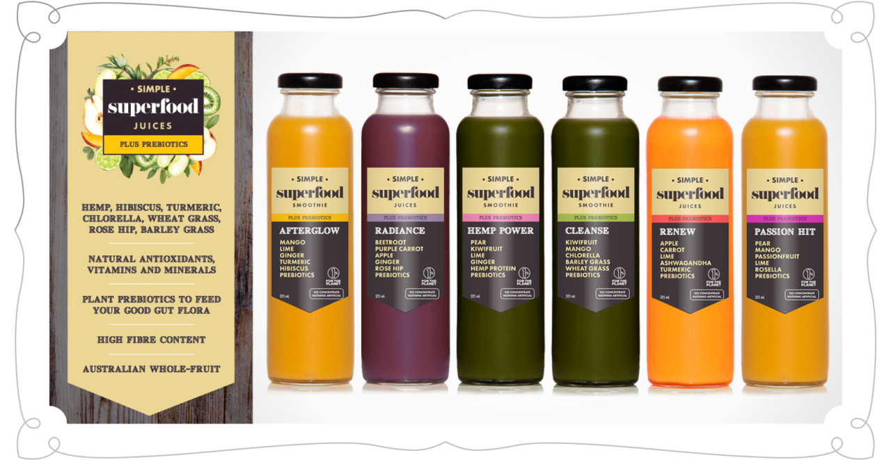 Simple superfood + prebiotic juices Organic juices made in Australia